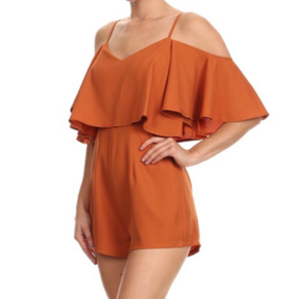 Orange/Rust Off the Shoulder Ruffle Romper